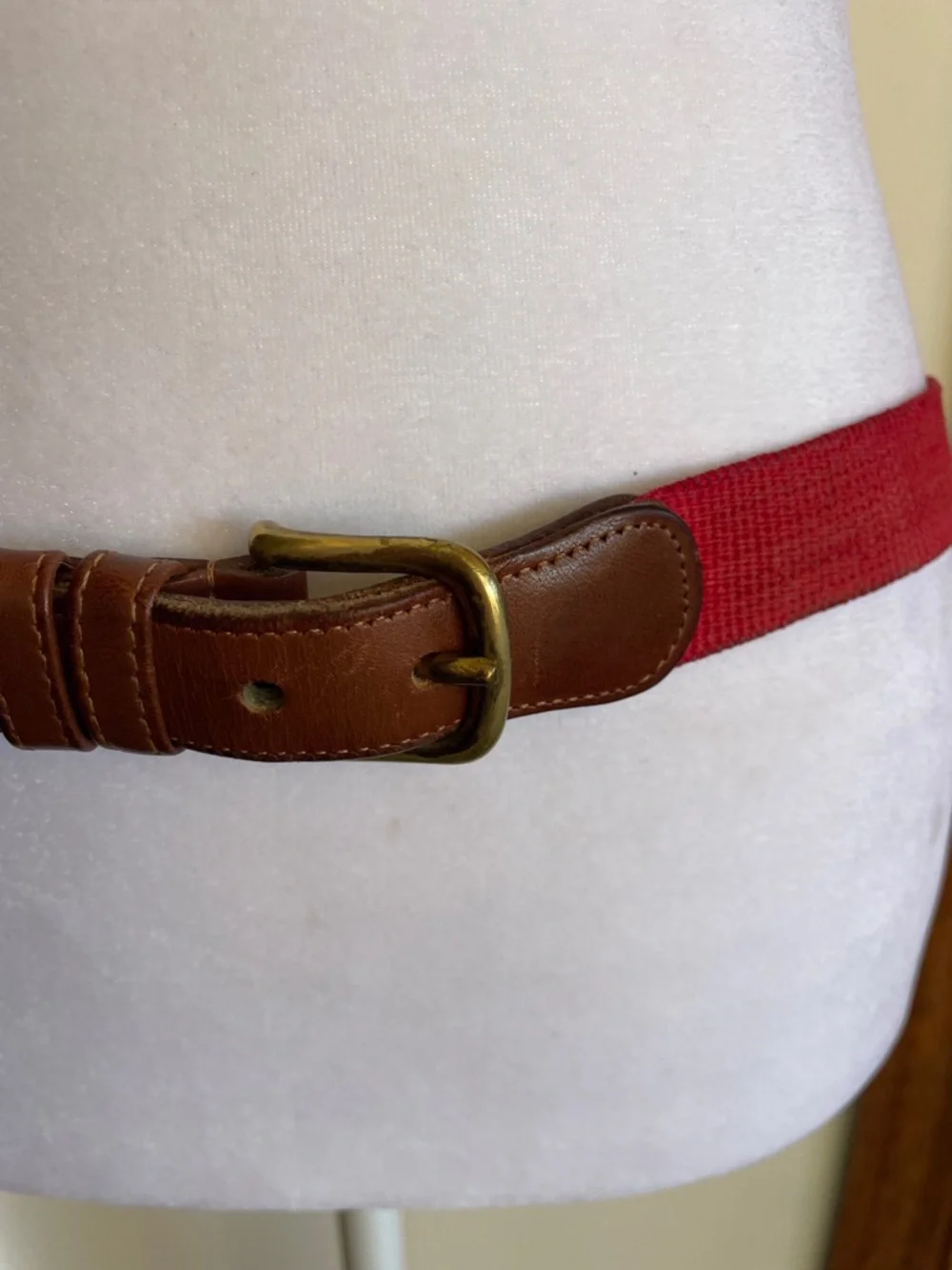 COACH Vintage Red Canvas Belt Brown Leather Trim and Brass Buckle 34